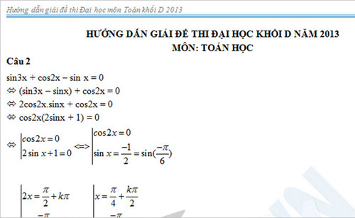 Đã có gợi ý giải môn Toán khối D năm 2013 - 1