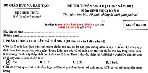 Đề thi và gợi ý đáp án môn Sinh khối B năm 2013 - 1