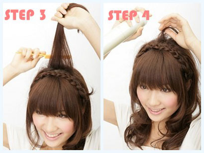 Sau đó bạn kéo ngược 2 bím tóc đó lại, bím tóc bên